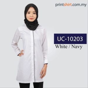 UC-10203 Long-sleeve white Muslimah corporate shirt with a modest long-line hem and navy blue contrast piping